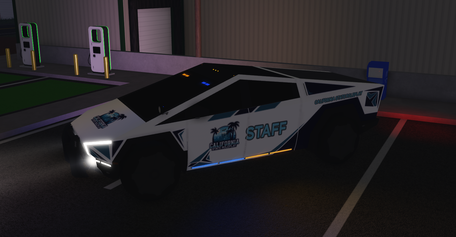 CSRP staff Cybertruck with white and blue California State Roleplay branding