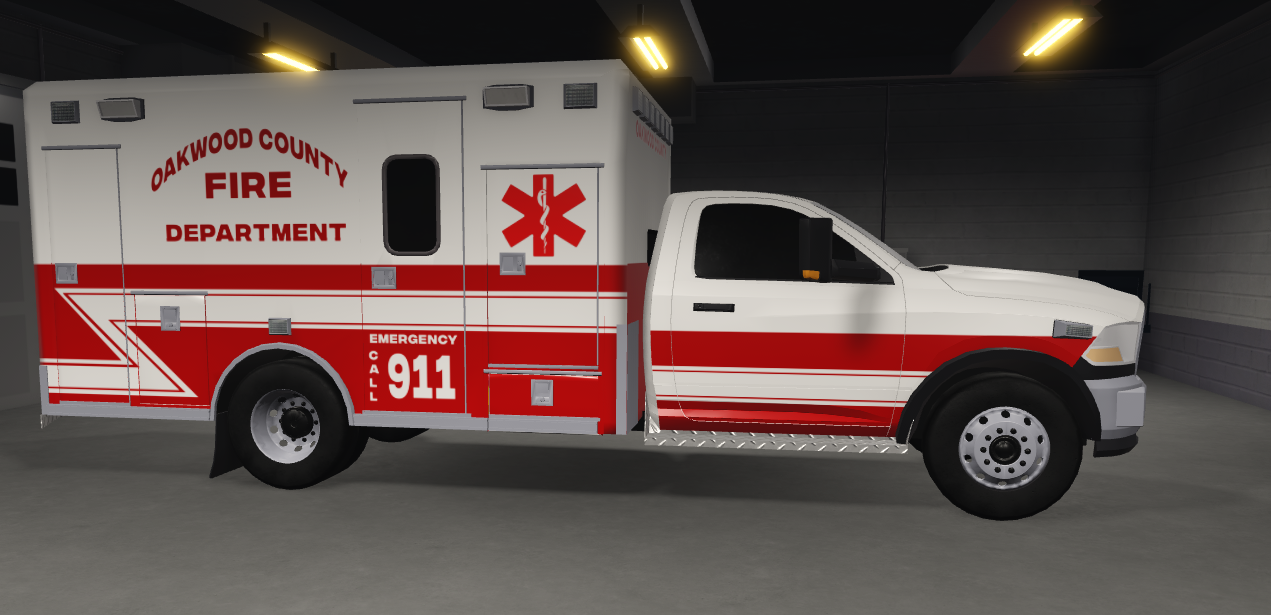 Oakwood County Fire Department ambulance with emergency markings