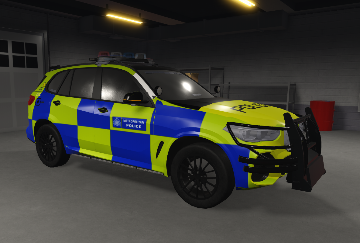 UK Metropolitan Police vehicle with blue and yellow checkered pattern
